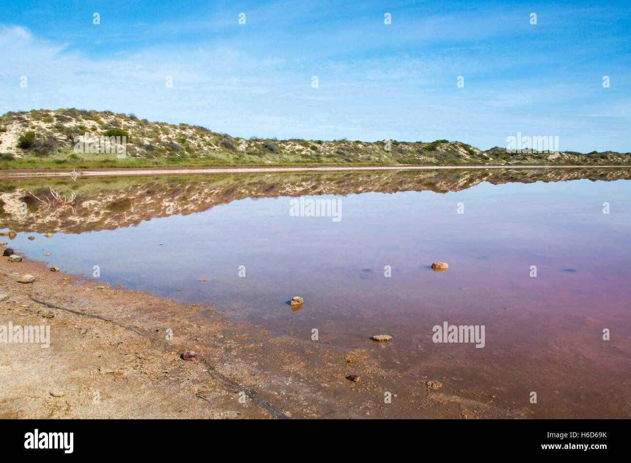 Le Hutt Lagoon, salt lake, avec une teinte rose dans la bouche de Hutt River dans le milieu à l'ouest de l'Australie de l'Ouest. Banque D'Images