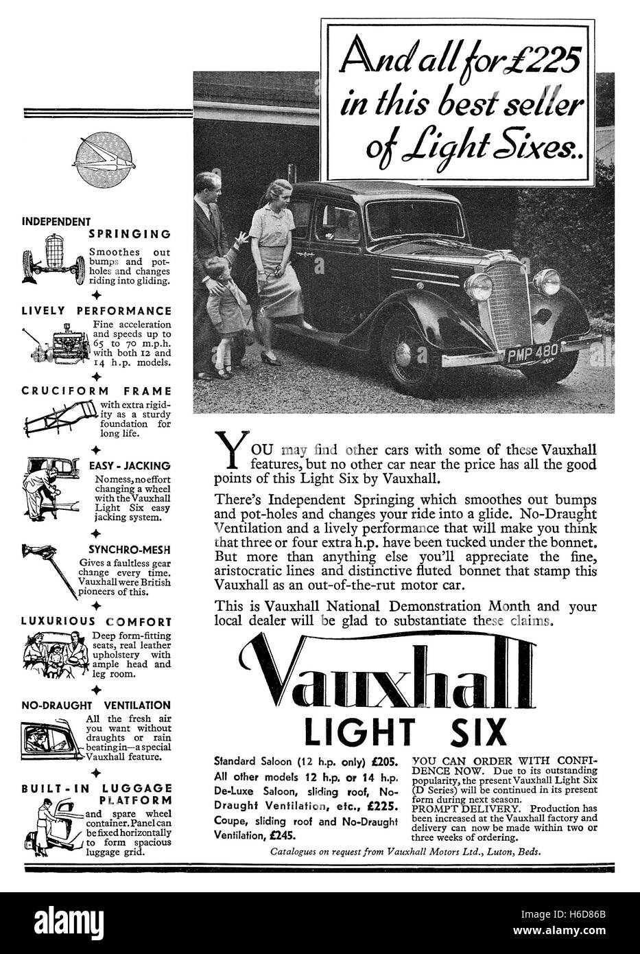 1935 La publicité pour l'éclairage automobile Vauxhall Six Banque D'Images