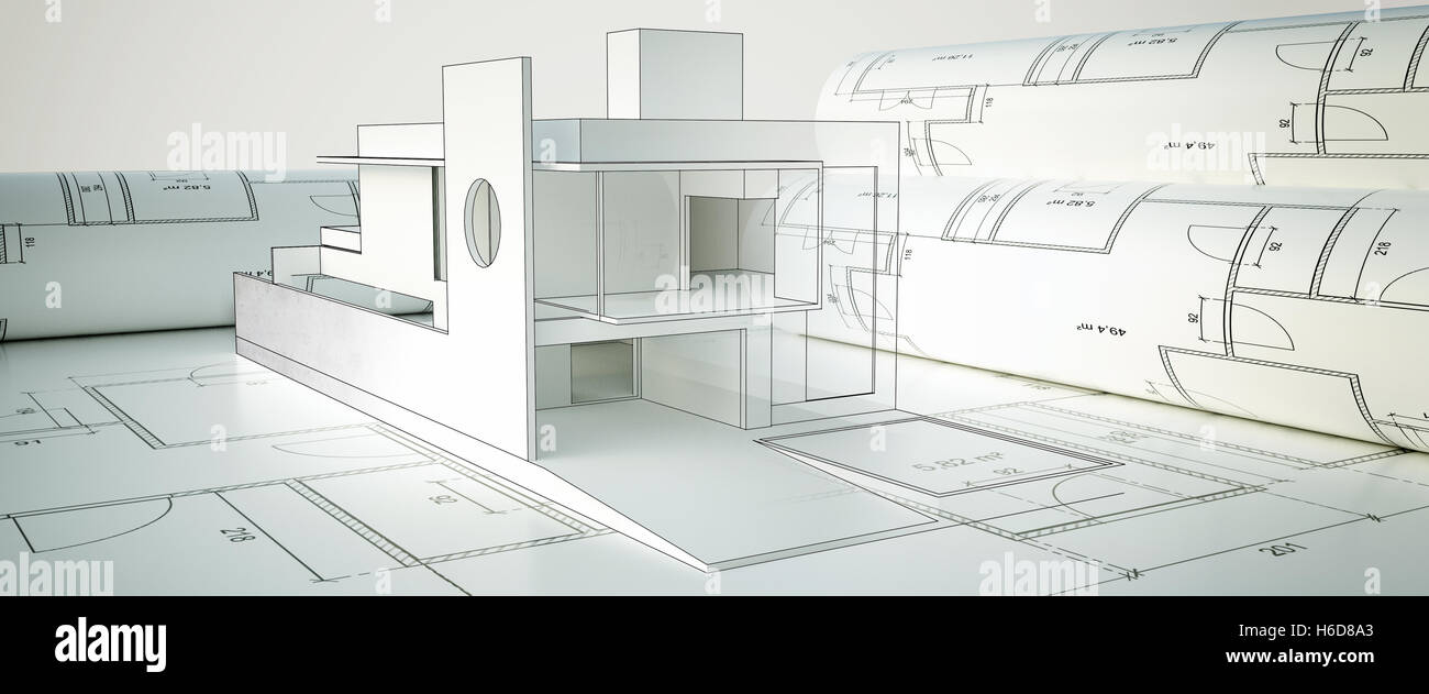 Les plans de construction avec maison moderne - le rendu 3D Banque D'Images