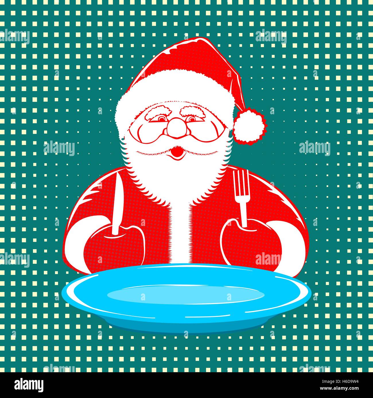 Vector illustration Père Noël style bande dessinée design avec plaque bleue, fourchette et couteau sur dotted background. Retro style pop art Illustration de Vecteur