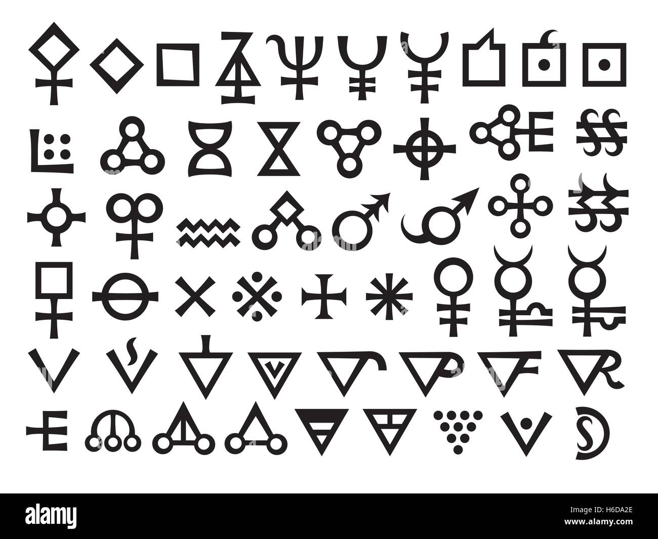 Signes alchimiques, partie 2 : Les questions, les liquides acides et symboles alchimiques (set) Illustration de Vecteur