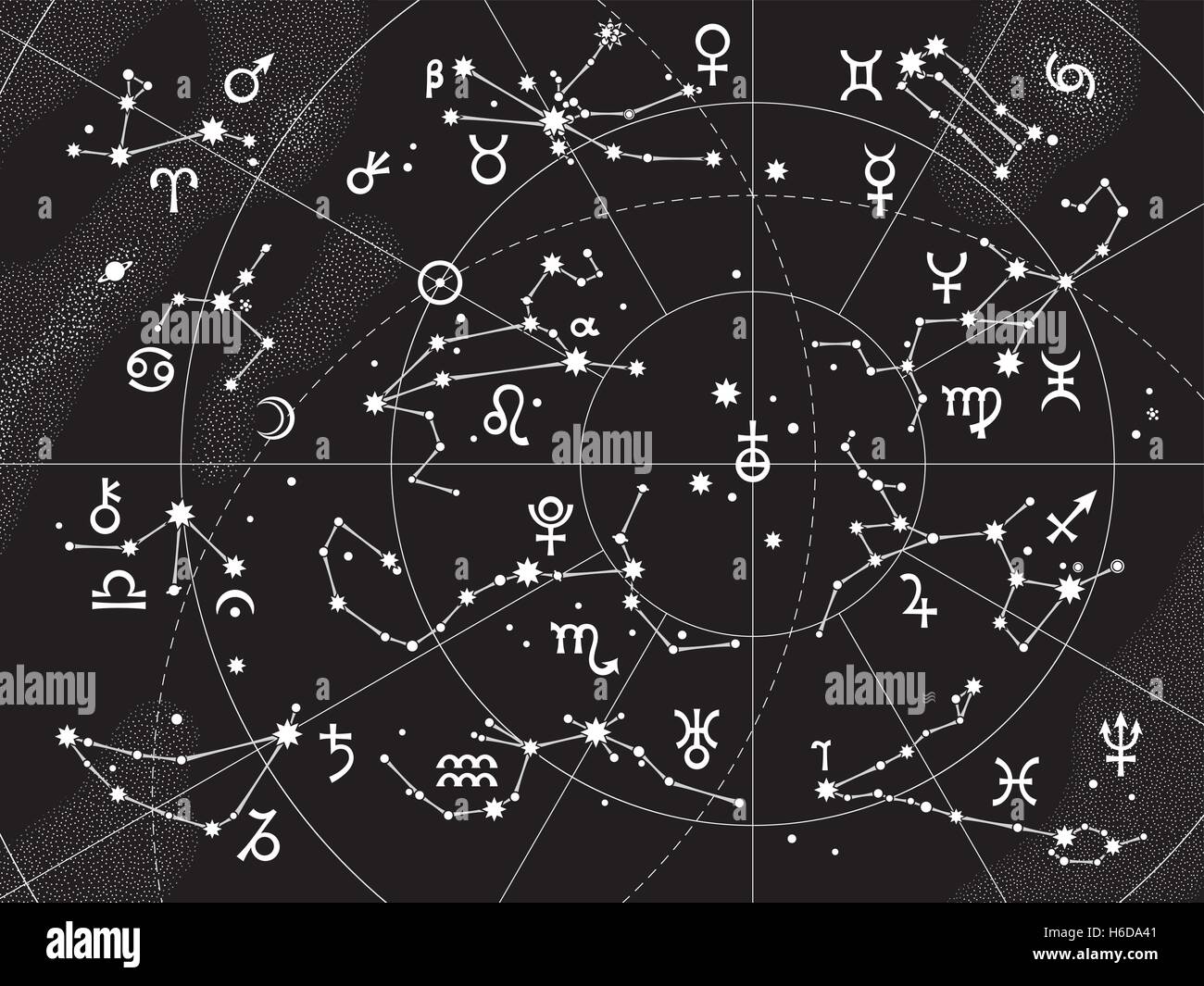 XII des constellations de zodiaque et ses planètes les souverains. Tableau céleste astrologique. Illustration de Vecteur