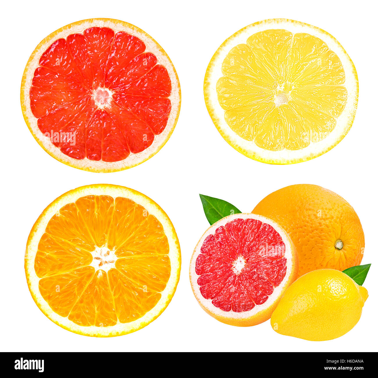 Ensemble d'agrumes (pamplemousse, orange, citron) isolé sur fond blanc. Banque D'Images