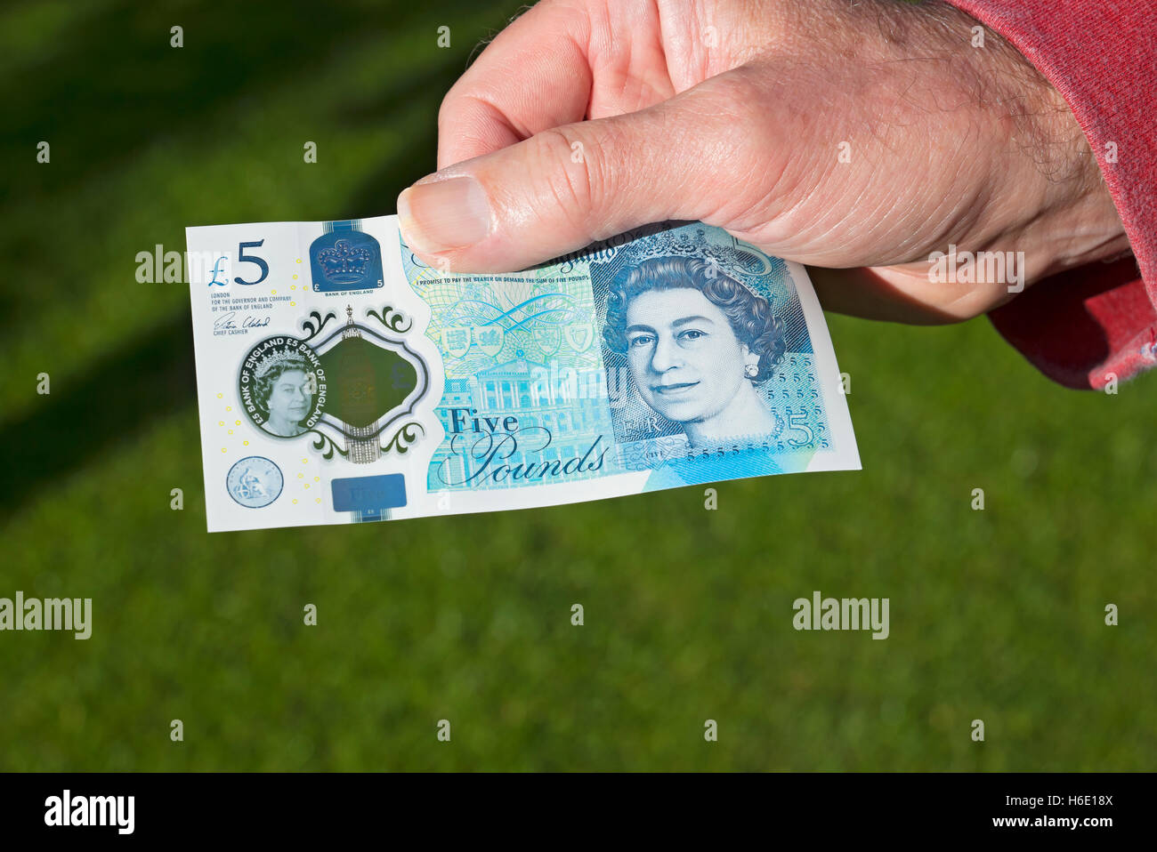 Gros plan de l'homme de personne d'argent anglais tenant le nouveau polymère cinq £ 5 livres livres billets billet de banque cash Angleterre Royaume-Uni GB Grande-Bretagne Banque D'Images