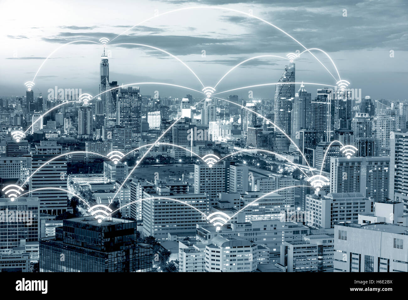 Connexion Wi-Fi au réseau local de la ville de Bangkok et l'icône de connexion réseau avec concept, Bangkok ville intelligente et de communication sans fil, réseau Banque D'Images