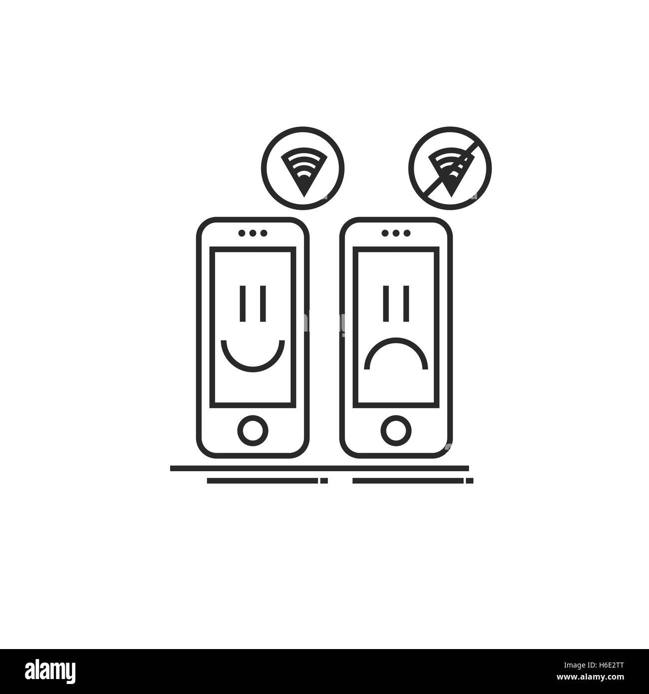Icône moderne conceptuel de fines lignes smartphone avec connexion Wi-Fi gratuite et sans. Gai et triste téléphone intelligent Illustration de Vecteur