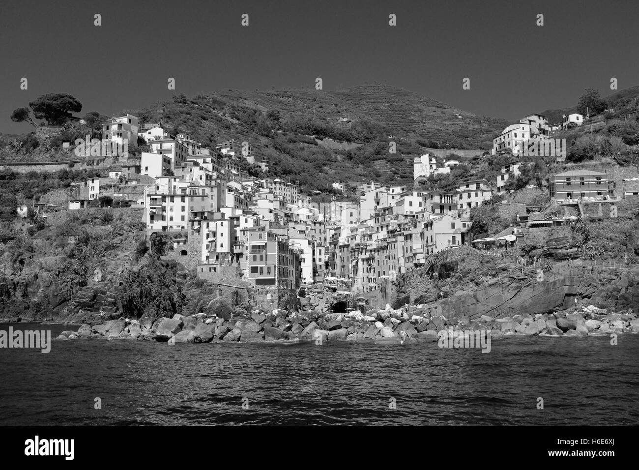 Avis de Riomaggiore, Cinque Terre, Ligurie, Italie de l'ferry Banque D'Images