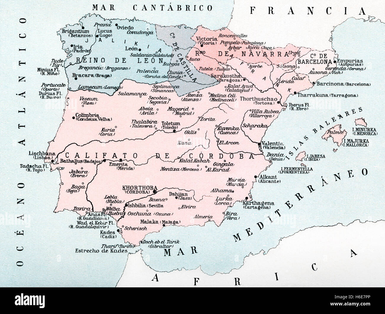Carte de l'Espagne au moyen âge au cours de l'occupation musulmane. Banque D'Images