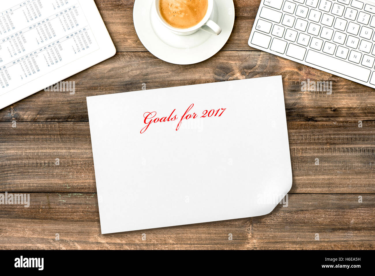 Tablette numérique avec calendrier. Objectifs pour 2017 Résolutions. Bureau Bureau Télévision lay Banque D'Images