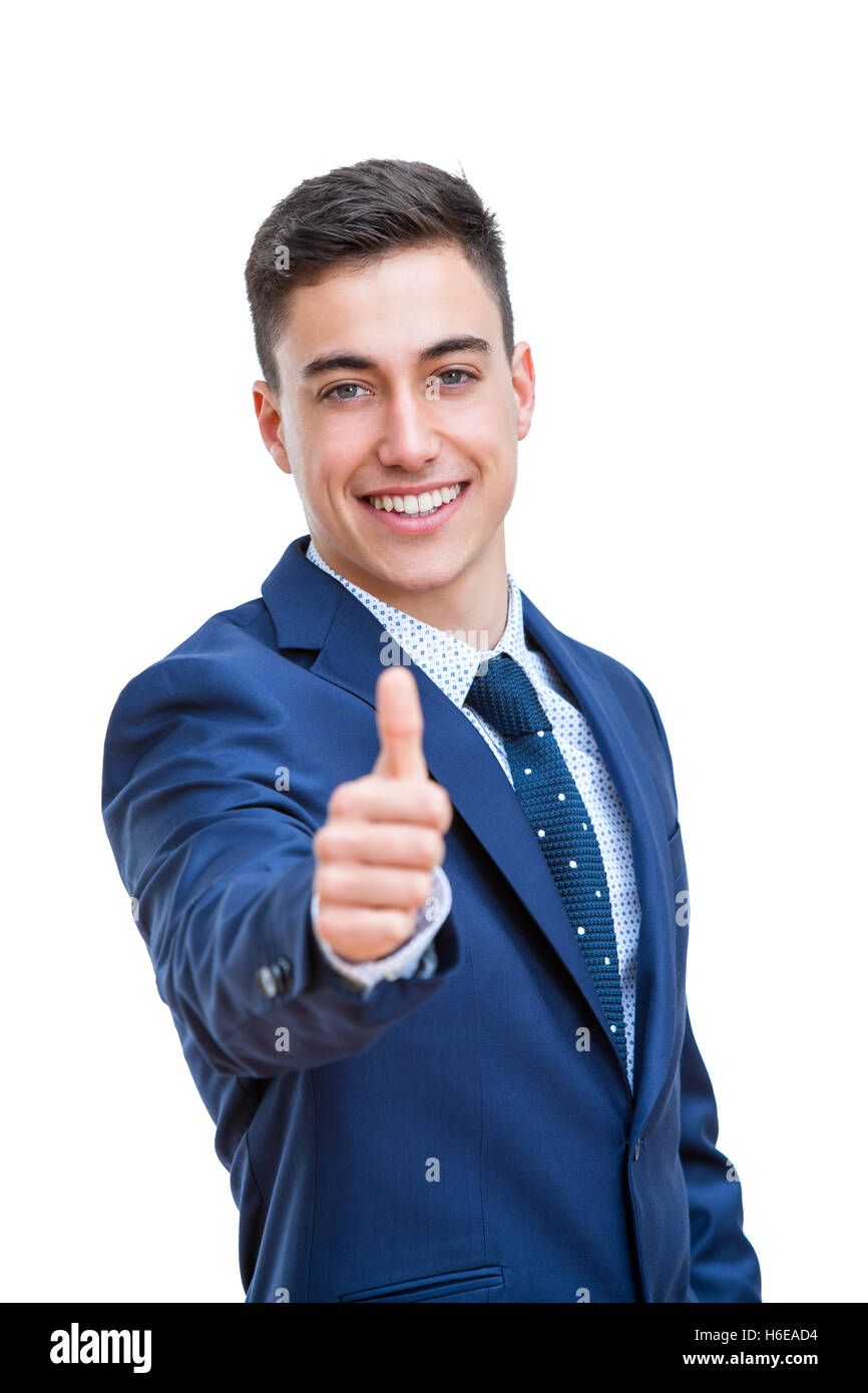 Close up portrait of young woman in suit doing Thumbs up. Young smiling business student isolated on white background. Banque D'Images
