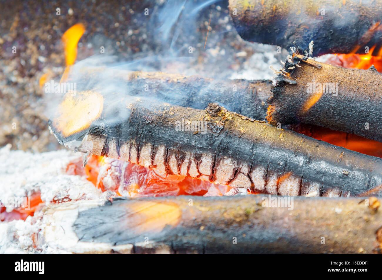 La gravure dans la fire board. Feu de joie avec les flammes, la fumée, des planches et des braises de charbon. Photo close-up avec une mise au point sélective Banque D'Images