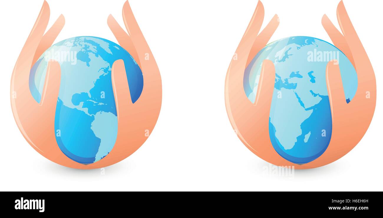 Hémisphères isolés abstract blue earth entouré par des mains d'un logo. Boisson fraîche symbole. Logotype liquide pur naturel. Icône en forme de globe. Planète signe. Vector illustration goutte d'eau. Illustration de Vecteur