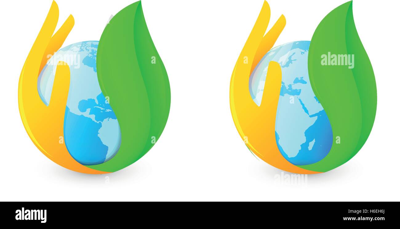 Hémisphères isolés abstract blue earth entouré de palmiers et le logo de la feuille verte. Logotype liquide pur naturel. Globe terrestre. Boisson fraîche icône. Signe de rosée. Vector illustration goutte d'eau. Illustration de Vecteur