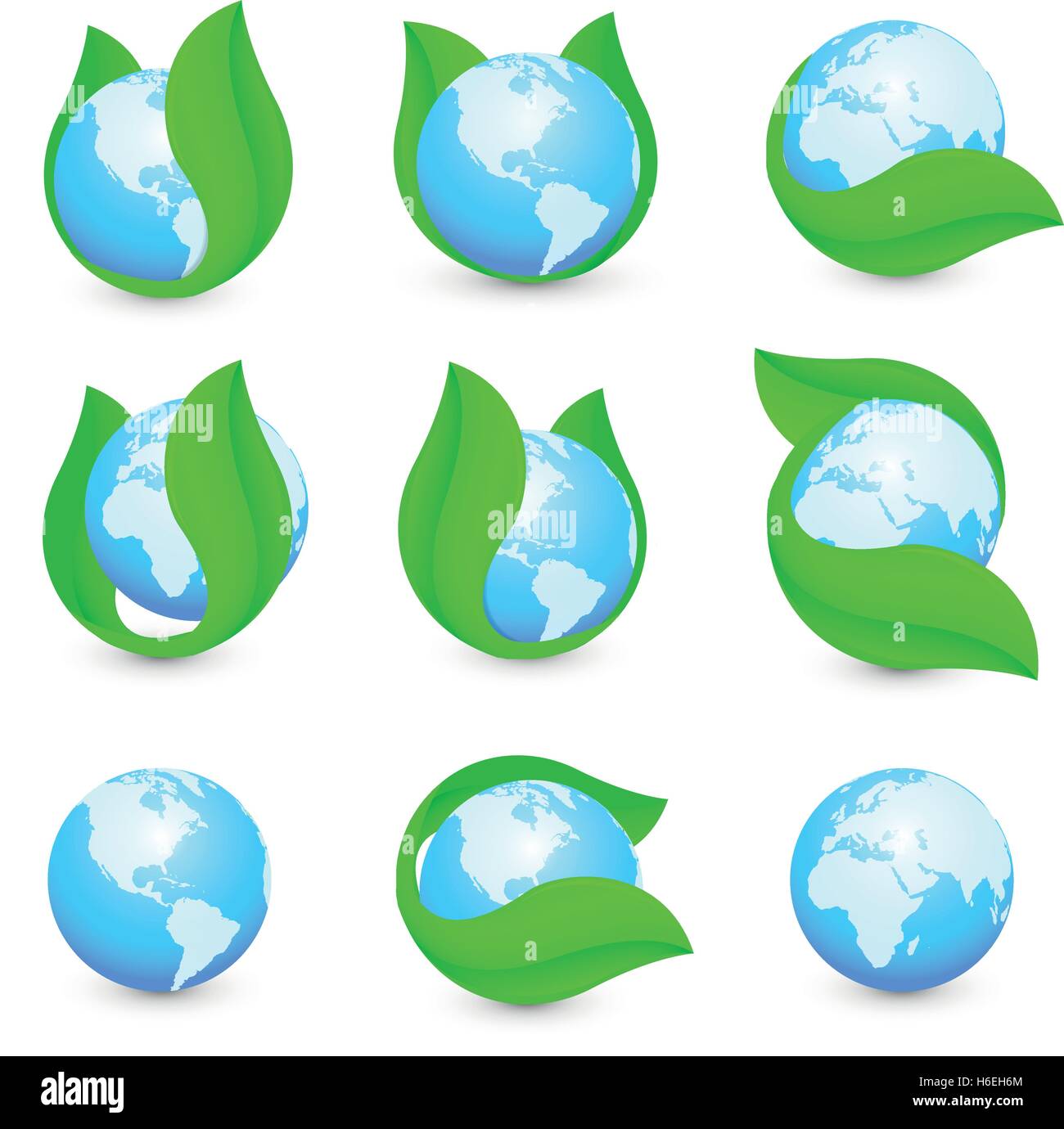 Hémisphères isolés résumé blue earth en feuille verte. logo Logotype liquide pur naturel collection. Planète symbole de globe. Boisson fraîche icône. Signe de rosée. Vector illustration goutte d'eau. Illustration de Vecteur