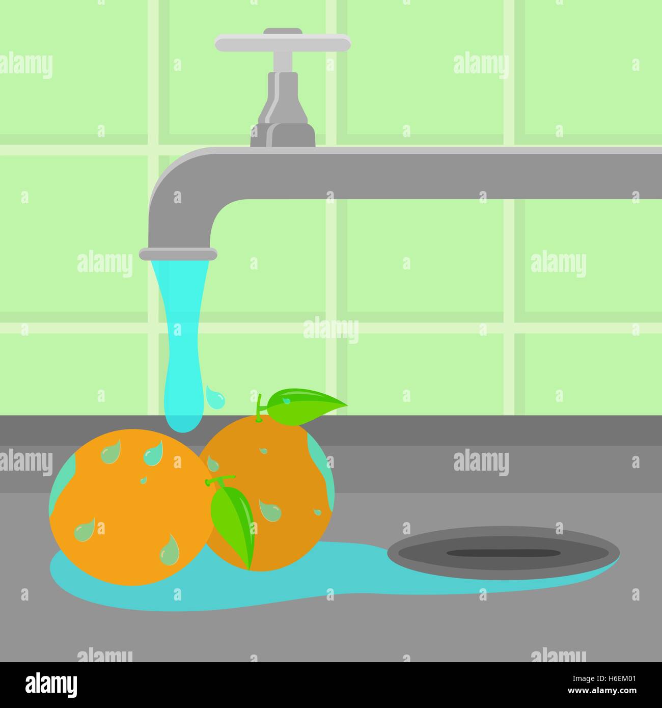 Les oranges nettoyées et lavées dans un évier dans une cuisine. L'eau courante. Illustration de Vecteur