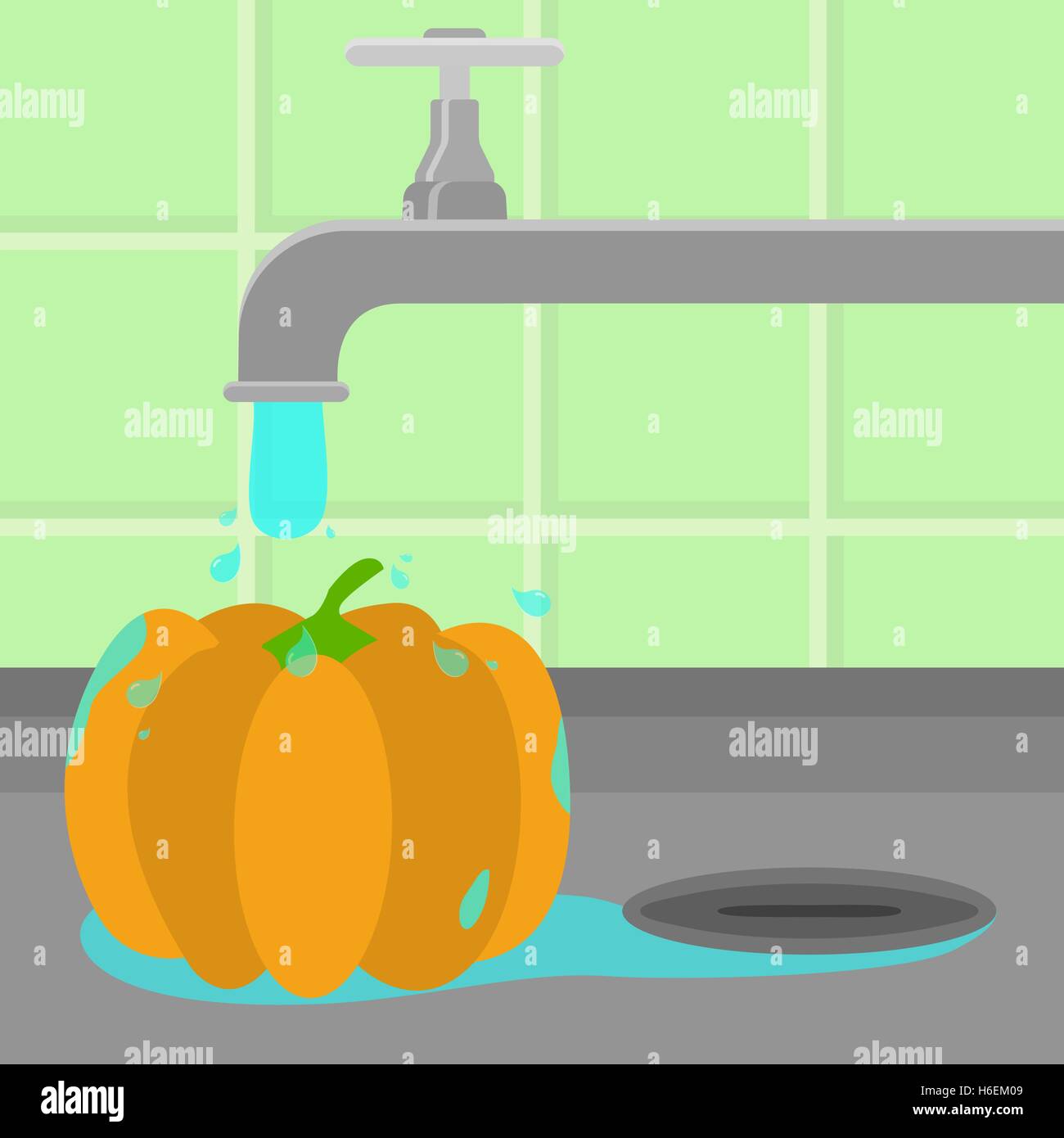 Pumpkin étant nettoyé et lavé dans un évier dans une cuisine. L'eau courante. Illustration de Vecteur