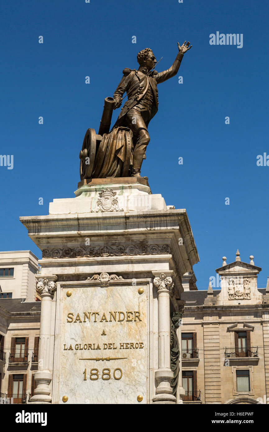 Monument à Pedro Velarde, hero 2 MAI 1808 , Place Porticada, Santander, Cantabria, Spain, Europe Banque D'Images