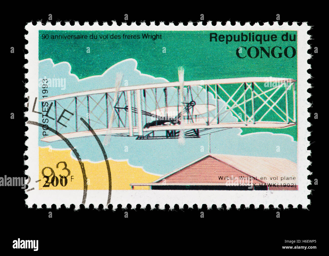 Timbre-poste de Congo représentant le premier vol propulsé à Kitty Hawk, Caroline du Nord. Banque D'Images