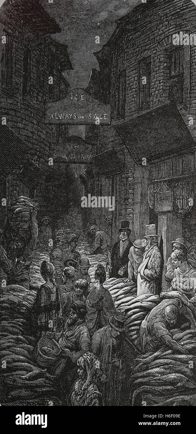 United Kingdom. Londres. Un marché aux poissons. Dark House Lane. Billingsgate. Gravure de Gustave Dore, xixe s. Londres : un pèlerinage. Banque D'Images