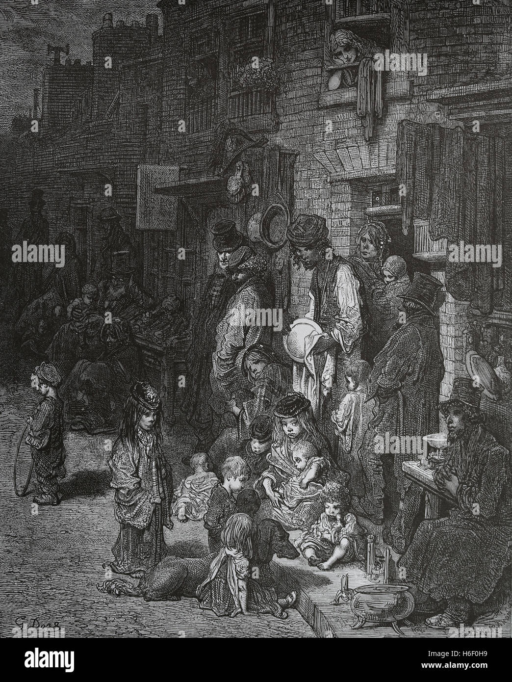 United Kingdom. Londres. Whitechapel. Quartier de la classe ouvrière. Gravure de Gustave Dore, Londres ; un pèlerinage. 19e c. Banque D'Images