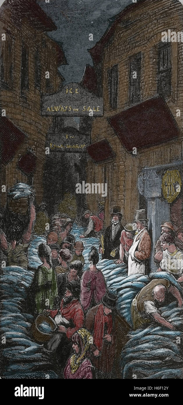 United Kingdom. Londres. Un marché aux poissons. Dark House Lane. Billingsgate. Gravure de Gustave Dore, xixe s. Londres : un pèlerinage. C Banque D'Images