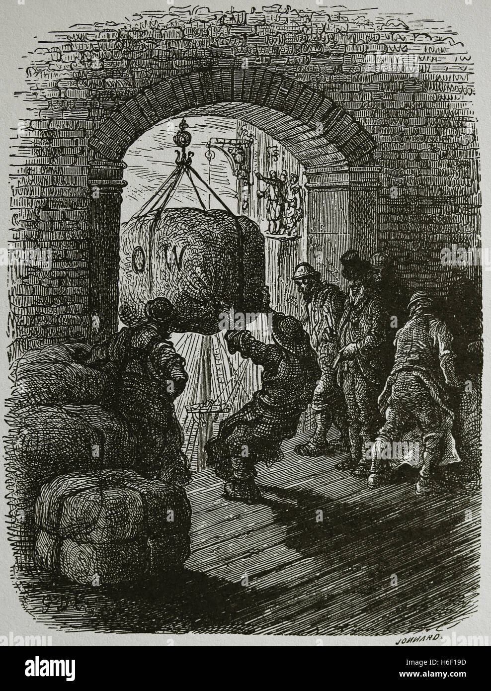 United Kingdom. Londres. Porteurs au travail. Dock. Gravure de Gustave Dore, 19e. Londres : un pèlerinage. Banque D'Images