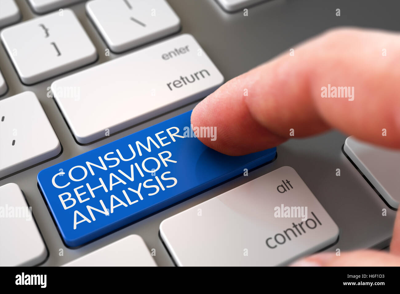 Doigt main Appuyez sur le bouton d'analyse du comportement des consommateurs. 3D. Banque D'Images
