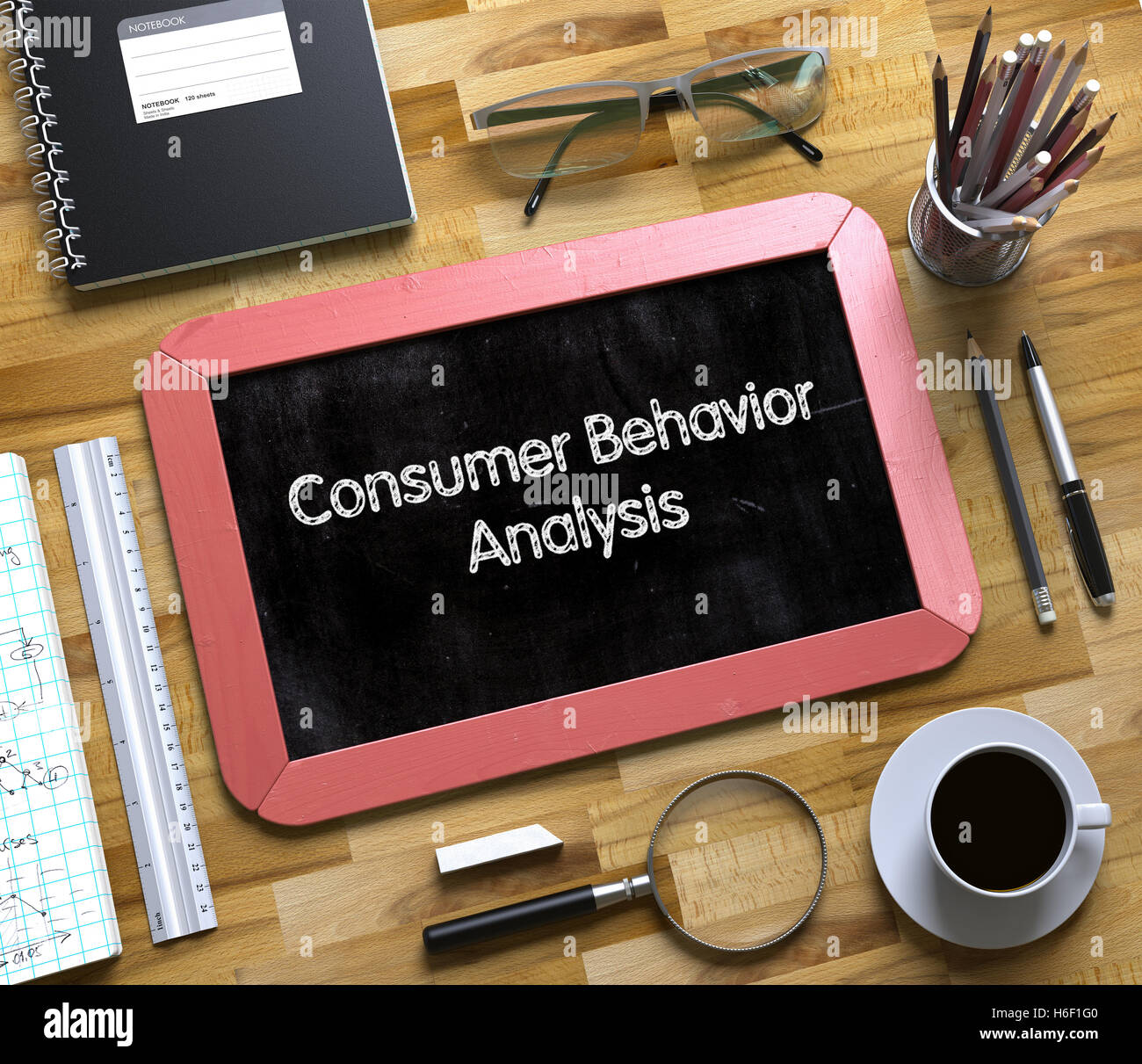 L'analyse du comportement des consommateurs à la main sur Petit tableau. 3D. Banque D'Images