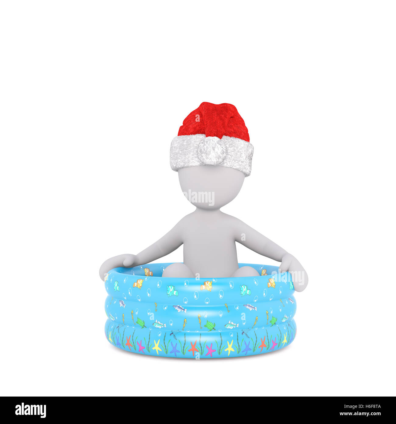 Rendu 3D unique figure porter du rouge et blanc les vacances de Noël et rester assis dans une piscine en plastique bleu isolé au b Banque D'Images