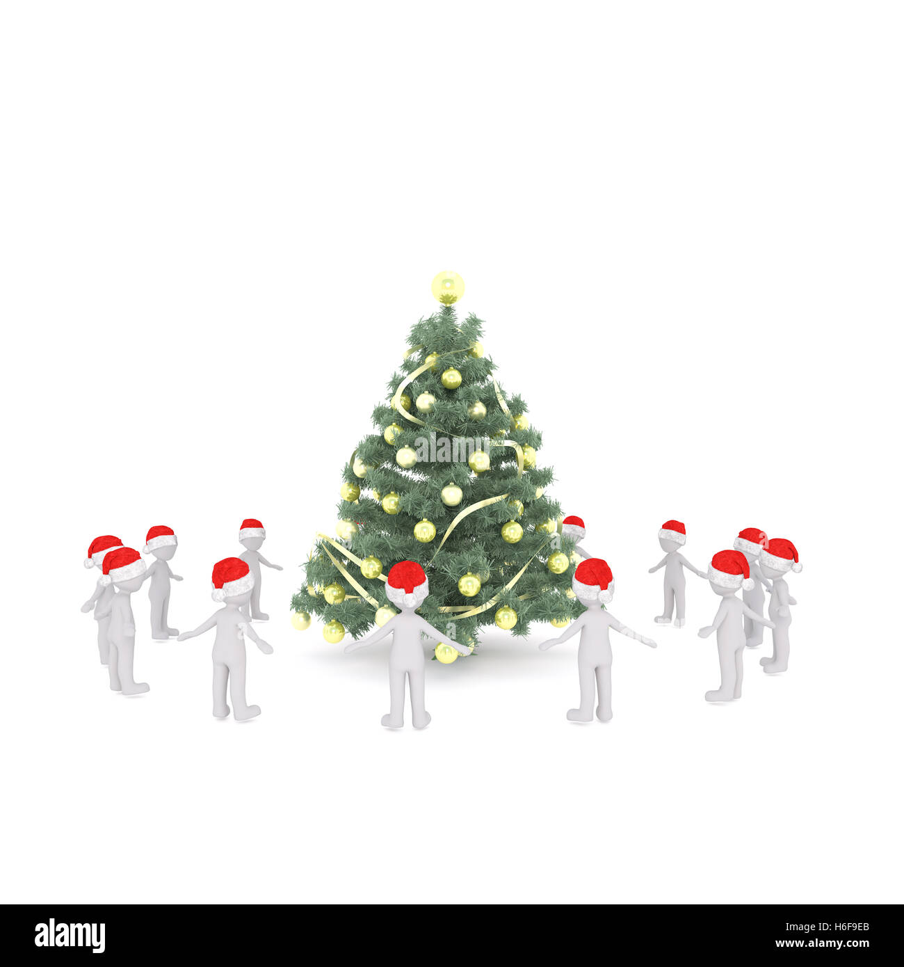 Anneau de 3D human figures debout autour d'un arbre de Noël décoré tout en maintenant les mains sur fond isolé Banque D'Images