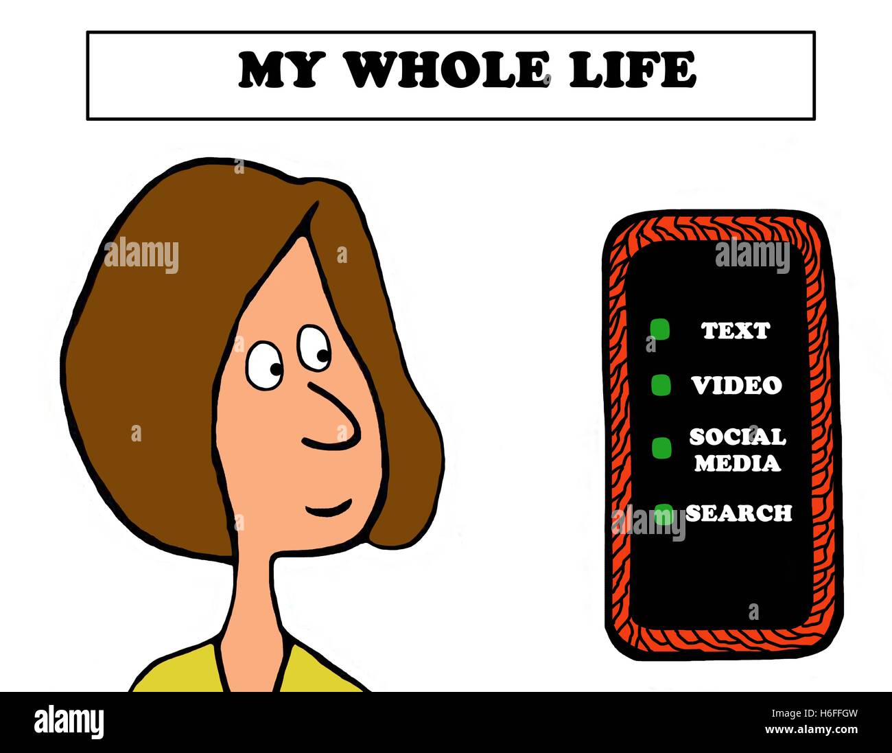 Illustration couleur d'une femme à la recherche d'un téléphone cellulaire, 'ma vie'. Banque D'Images
