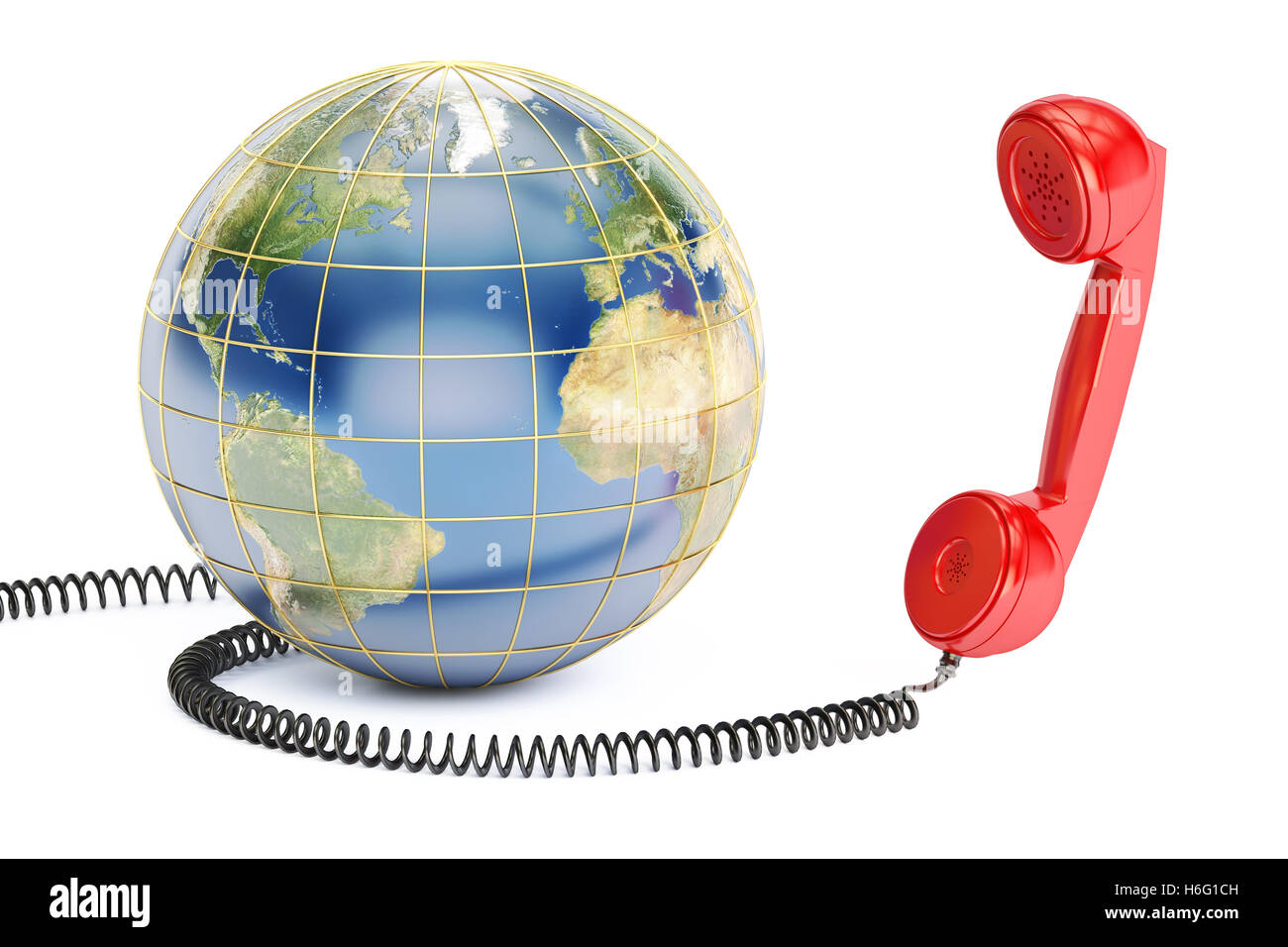 Concept de communication globale, de la terre avec combiné. Le rendu 3D isolé sur fond blanc Banque D'Images