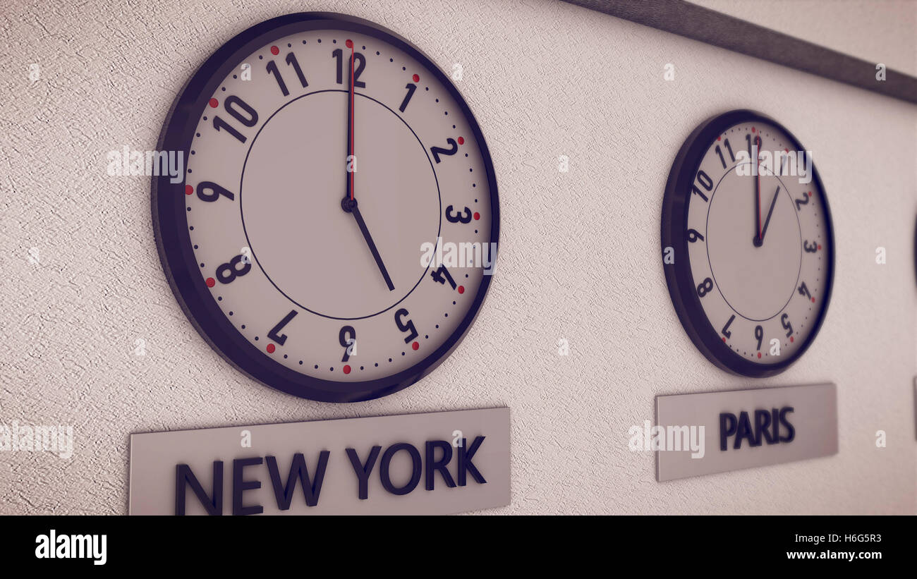 Le rendu 3D d'horloges sur le mur (New York et Paris), symbole de l'heure de Greenwich Banque D'Images