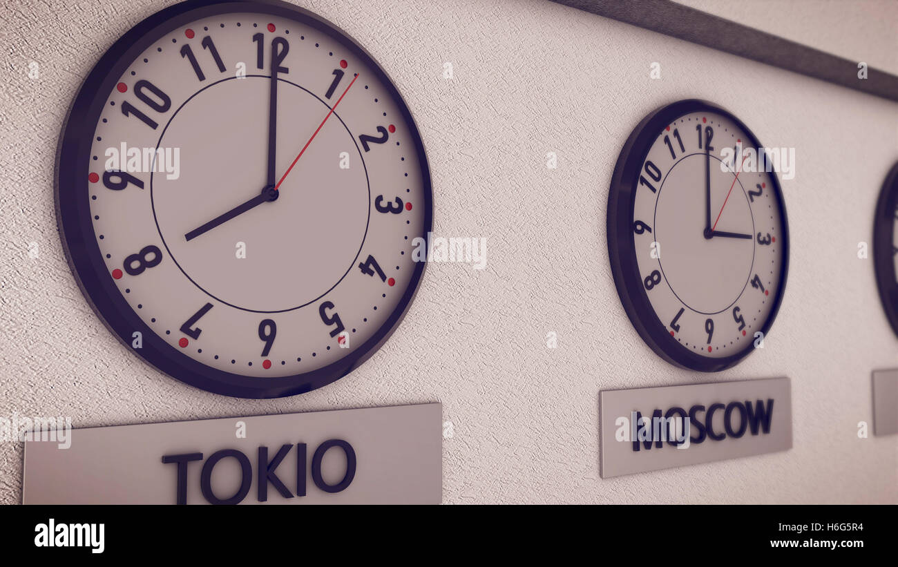 Le rendu 3D d'horloges sur le mur(Tokio, Moscou), symbole de l'heure de Greenwich Banque D'Images