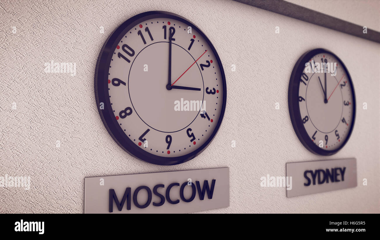 Le rendu 3D d'horloges sur le mur(Moscou, Sydney), symbole de l'heure de Greenwich Banque D'Images