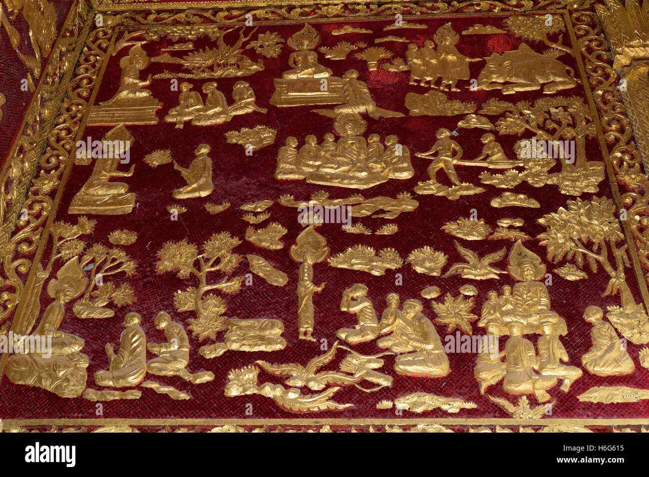 Mur du Temple, Haw Pha Bang, alias Ho Pha Bang, Chapelle royale ou Palais, Luang Prabang, Laos Banque D'Images