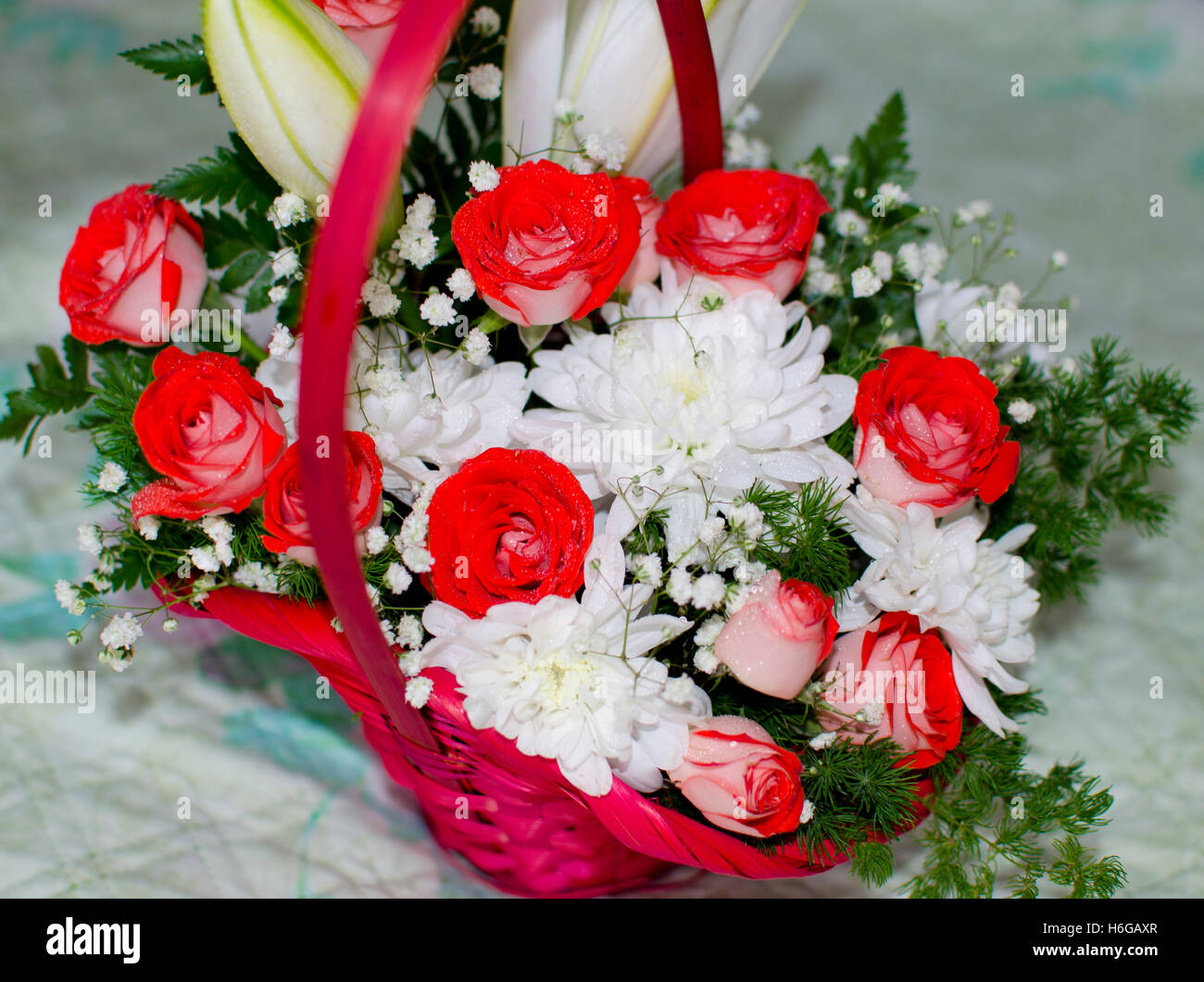 Magnifique bouquet de roses rouges d'un lis ,un bouquet, un cadeau, une maison de vacances, une plante, anniversaire, belle, anniversaire, chrysanthem Banque D'Images