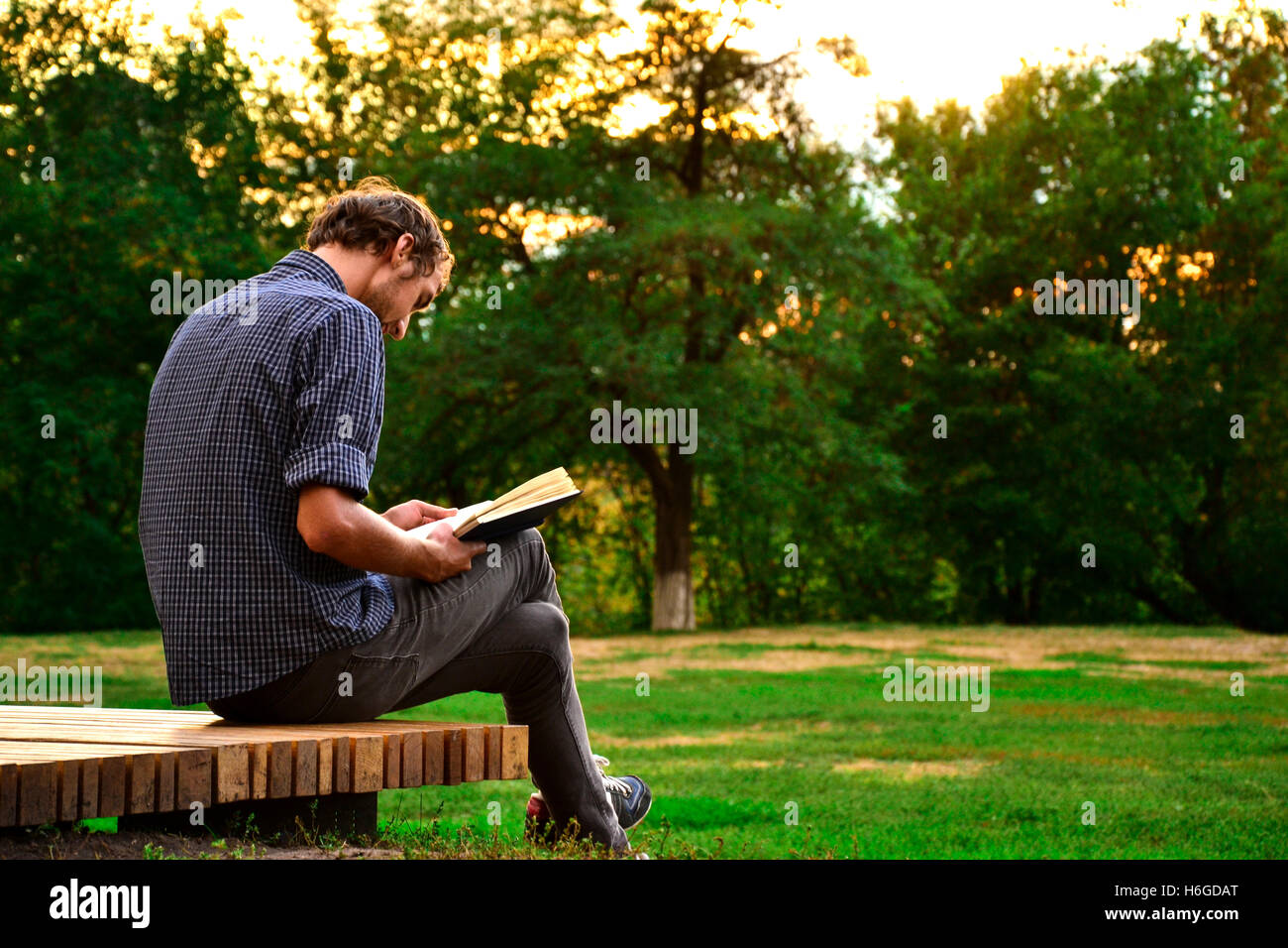 Guy assis sur un banc dans le parc reading book Banque D'Images