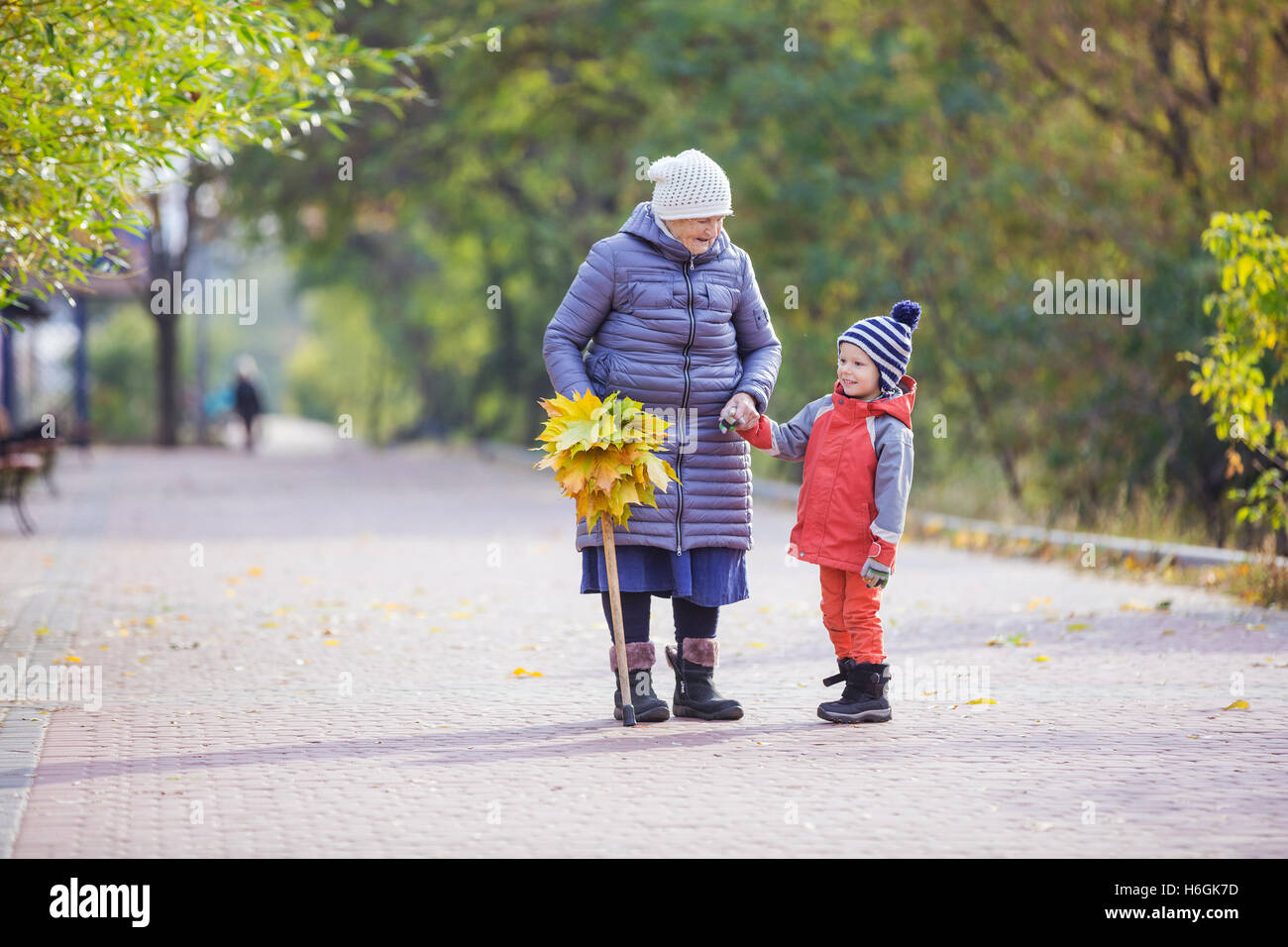 Hauts femme et son petit-fils sur le parc promenade en automne Banque D'Images