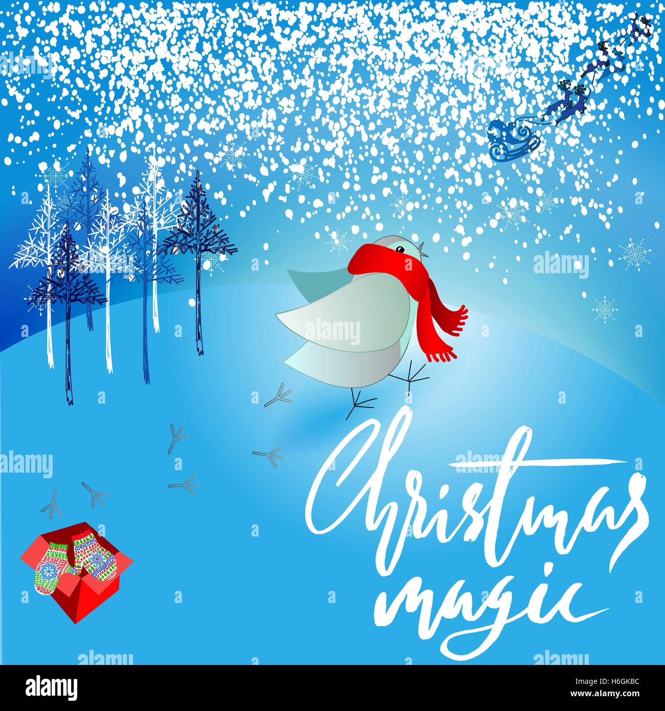 Le Père Noël a apporté un mauvais cadeau. Insatisfait Angry Bird cadeau de Noël. Une paire de mitaines. Lettres de Noël. La magie de Noël Illustration de Vecteur