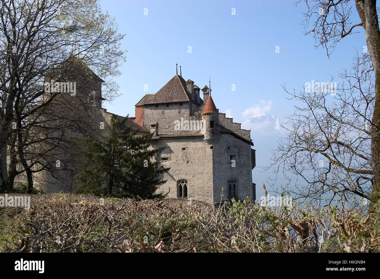 Vaud, Suisse - 13 Avril 2010 : voir le château de Chillon sur le lac Léman en Suisse au printemps. Banque D'Images