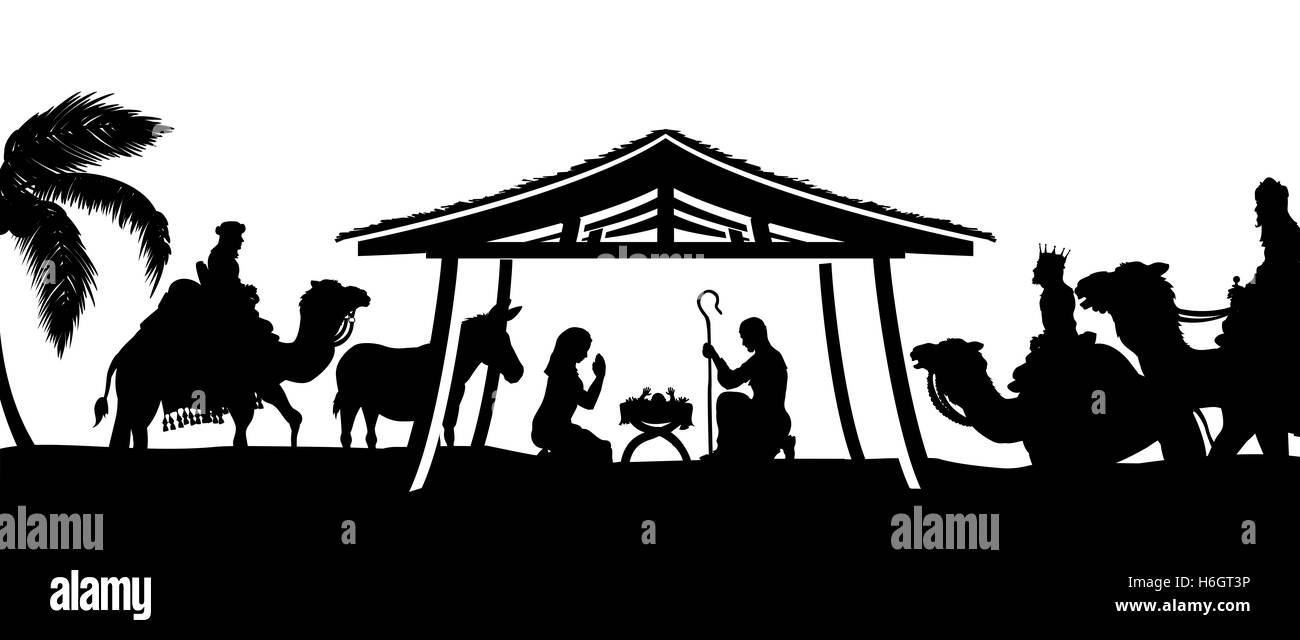 Crèche de Noël de l'enfant Jésus dans la crèche avec Marie et Joseph en silhouette entouré par les animaux et les trois Banque D'Images