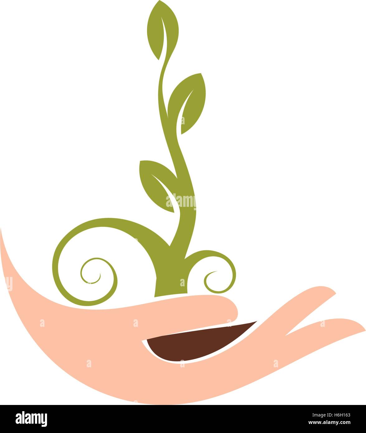 Abstract natural isolés logotype. Couleur Vert plante dans des mains d'un logo. Sprout dans palms icône. Signe de jardinage. Symbole de la croissance et du développement. Vector illustration de la protection de la nature. Illustration de Vecteur