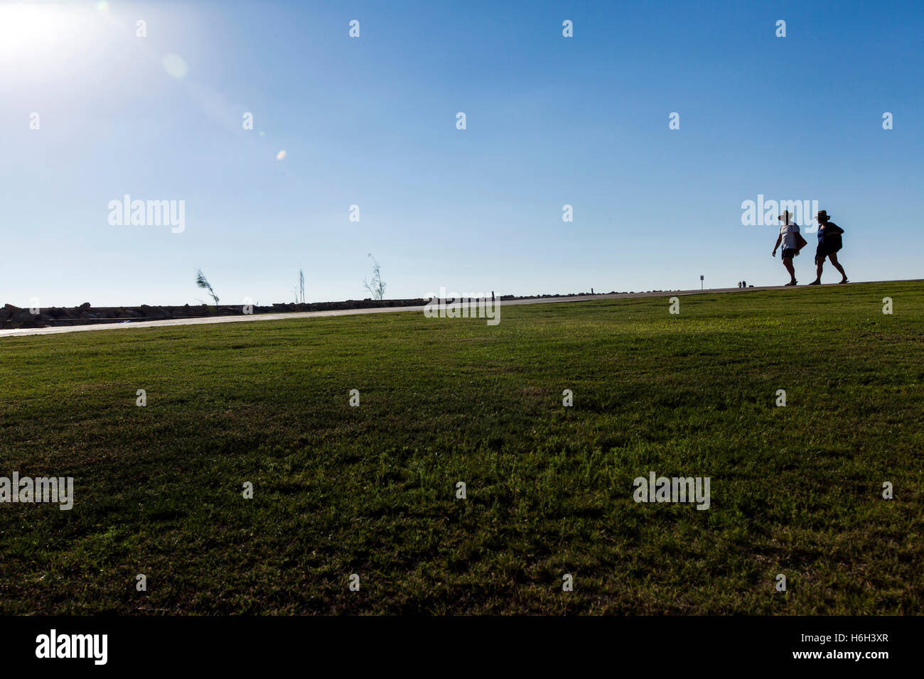 Silhouette de deux personnes passant sur un sentier du parc sur une claire journée d'été, soleil de l'après-midi. Banque D'Images