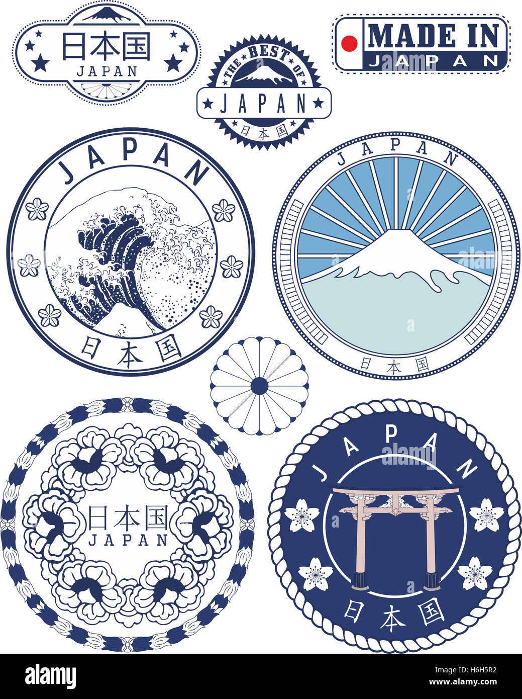 Le Japon. Des timbres et des éléments des signes dont l'emblème national, le Mont Fuji, Torii japonais et le Japon hiéroglyphe nom. Banque D'Images