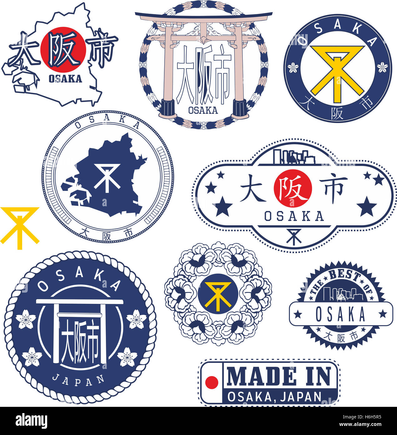Ville d'Osaka, au Japon. Ensemble de timbres générique et signes y compris plan de ville, les éléments de l'emblème et le Japonais Osaka hiéroglyphe nom. Banque D'Images