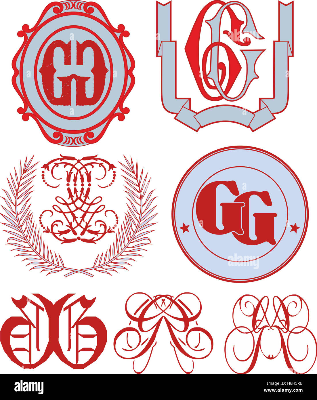 Ensemble de GG et monogrammes emblème décoratif des modèles avec deux lettres GG. Vector collection. Banque D'Images