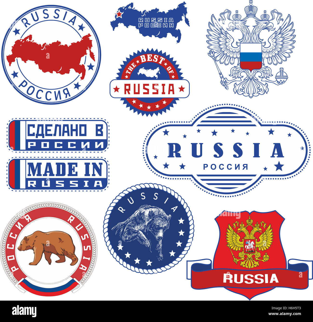 La Russie. Ensemble de timbres générique et signes y compris les éléments des armoiries russes avec double tête, la Russie carte muette, porte une Banque D'Images