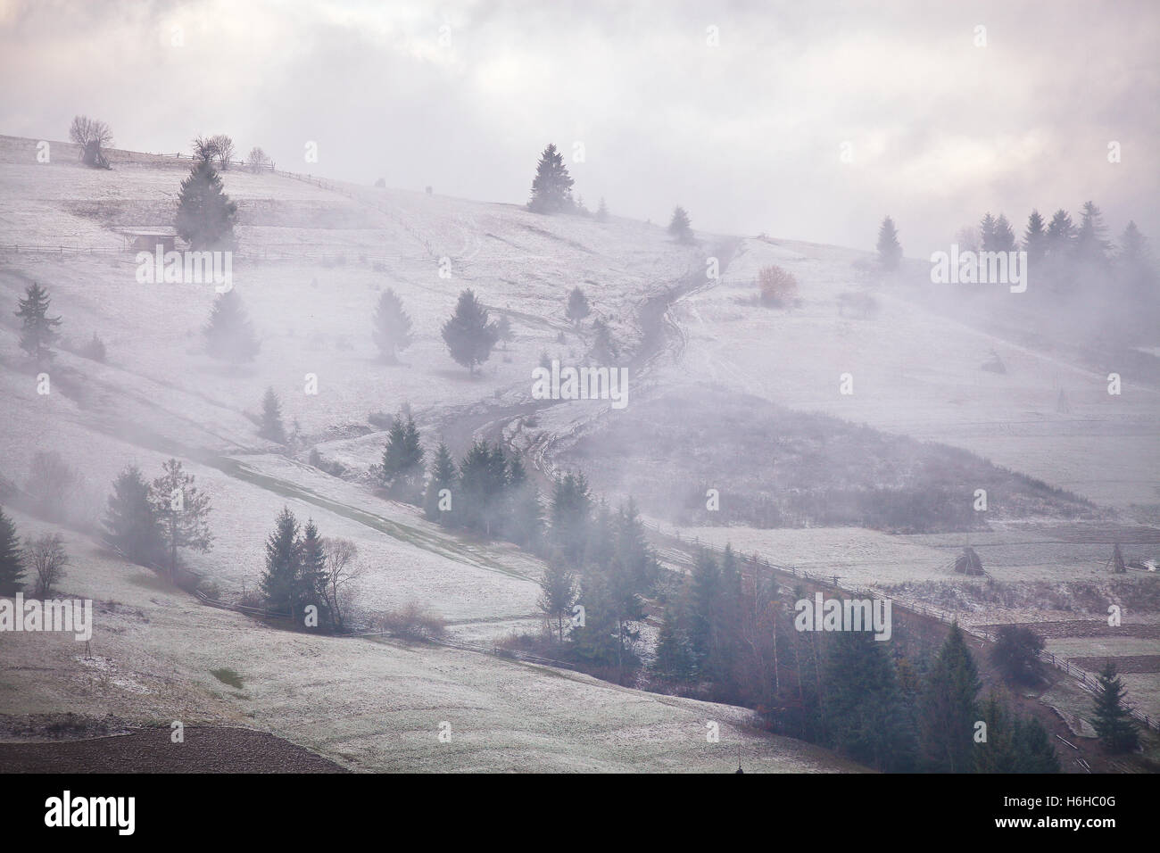 Première neige sur les montagnes des Carpates hills Banque D'Images