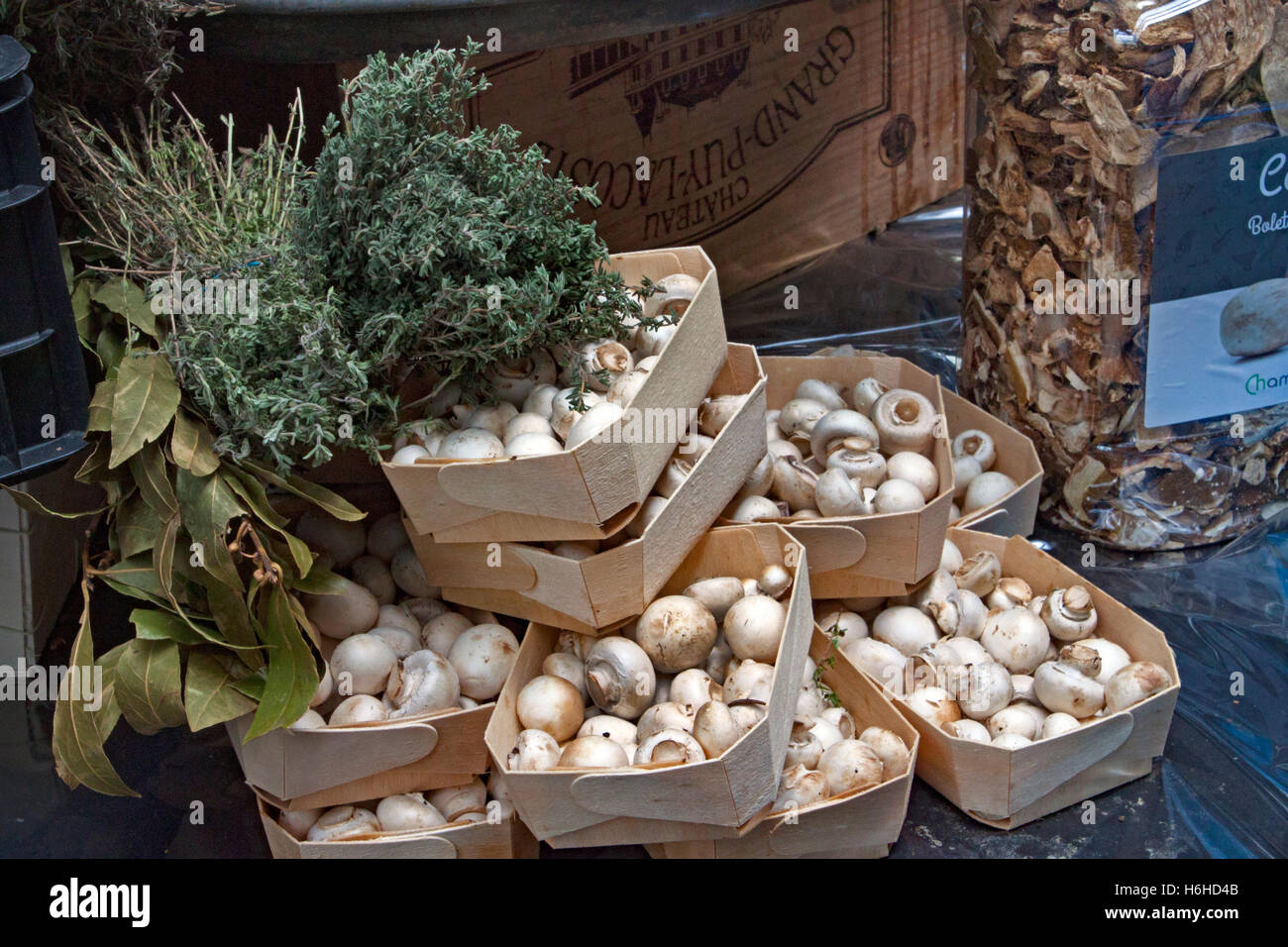 Les champignons et les herbes sur un étal au marché de l'arrondissement à Southwark, près de London Bridge Banque D'Images